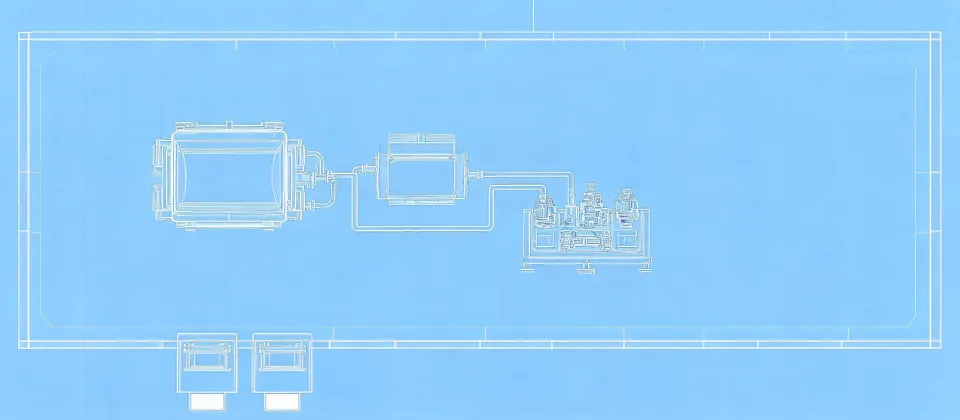 Schematic plant layout showing a freeze dryer cell with condenser and vacuum skid, not a real street map