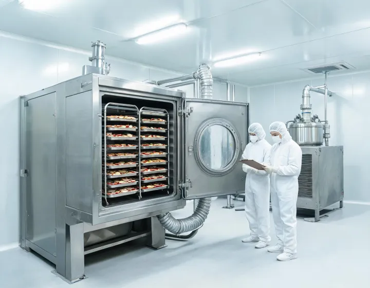 Food trays loaded in an industrial freeze dryer chamber on a processing plant floor